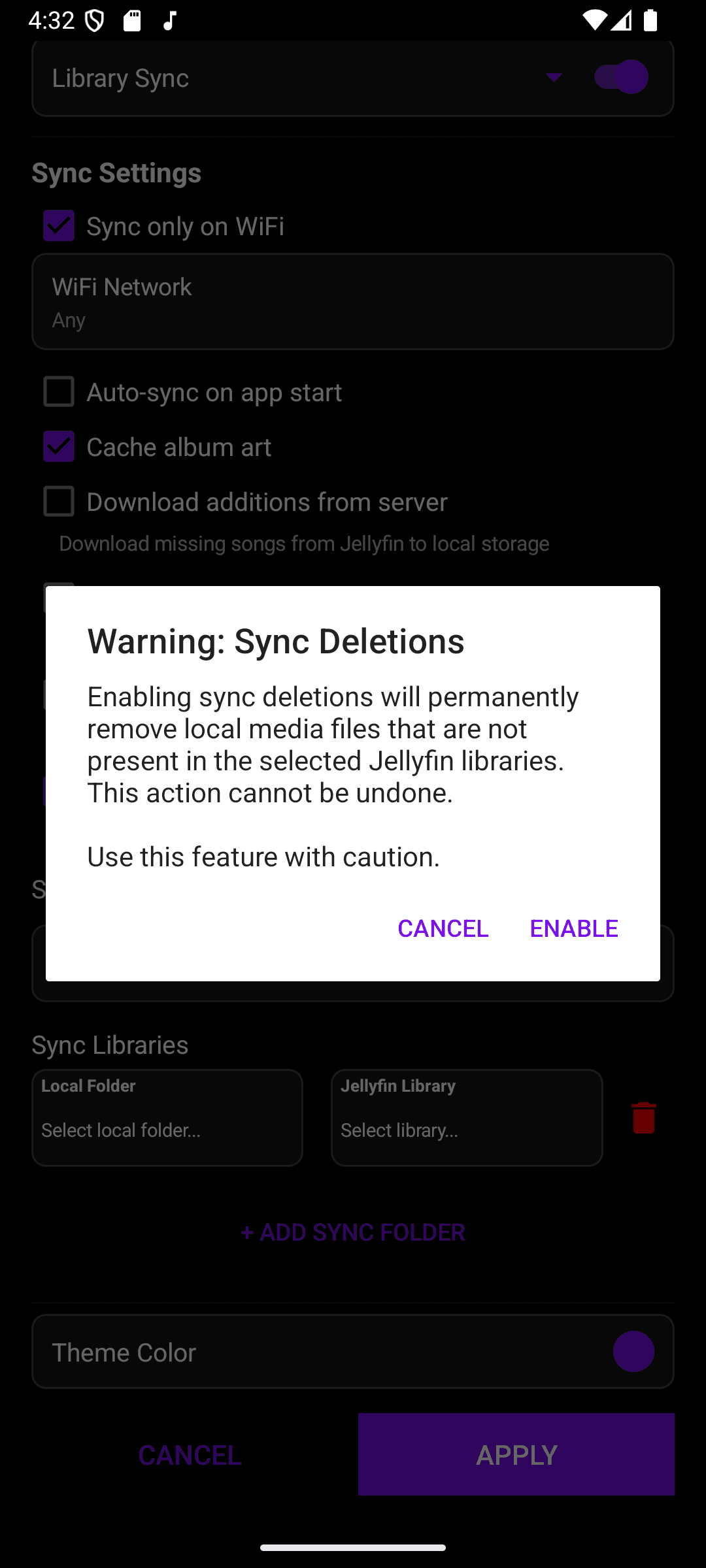 The Warning: Sync Deletions confirmation dialog with Cancel and Enable buttons