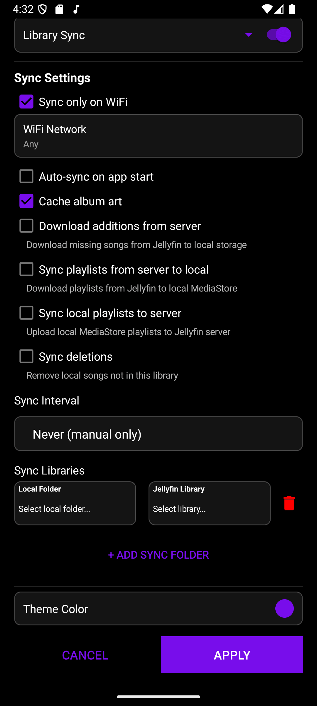 The Sync Interval picker plus a Sync Libraries section mapping a Local Folder to a Jellyfin Library, with an Add Sync Folder button