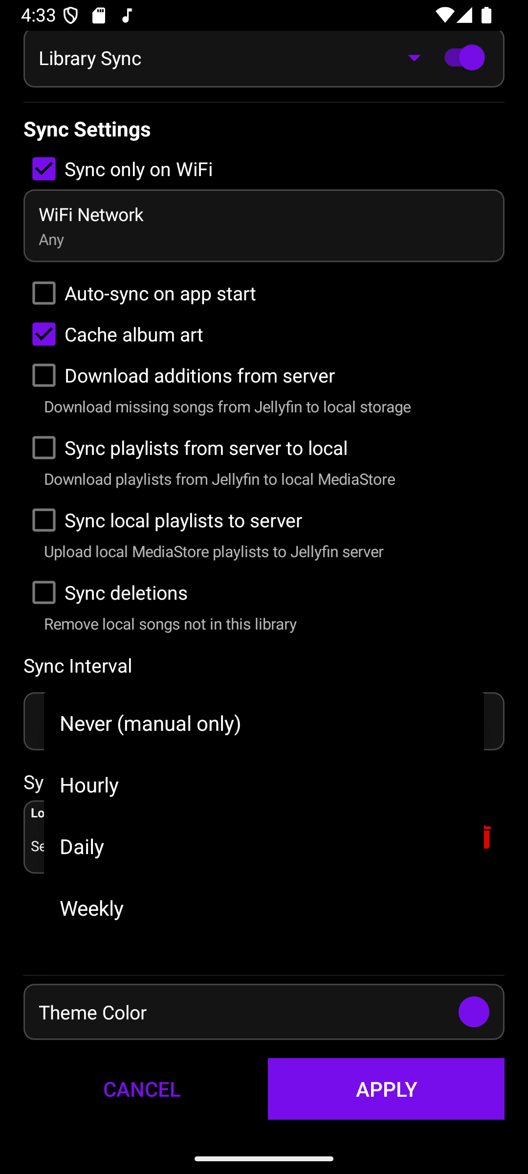 The Sync Interval picker with Never (manual only), Hourly, Daily, and Weekly options