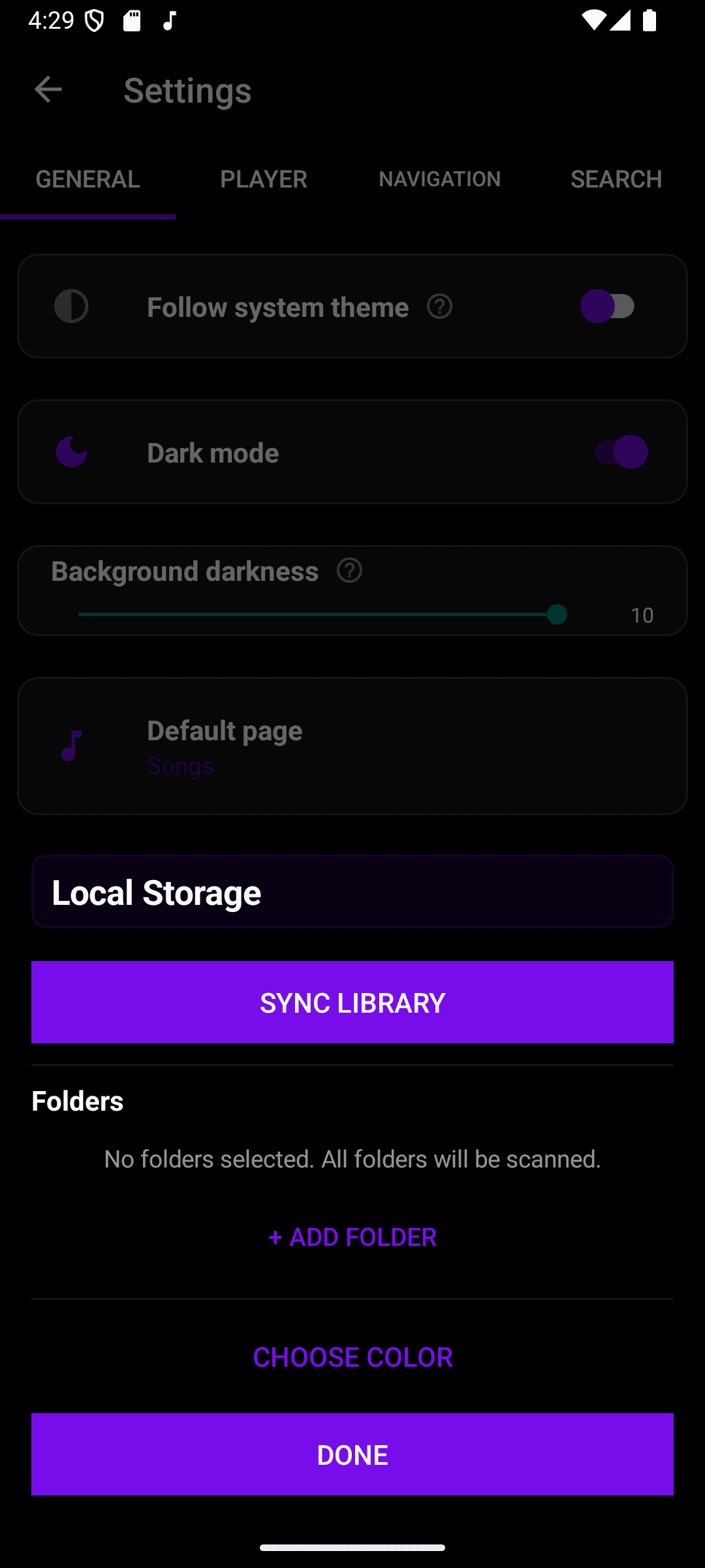 The Local Storage settings dialog with a Sync Library button, a Folders section, and Choose Color