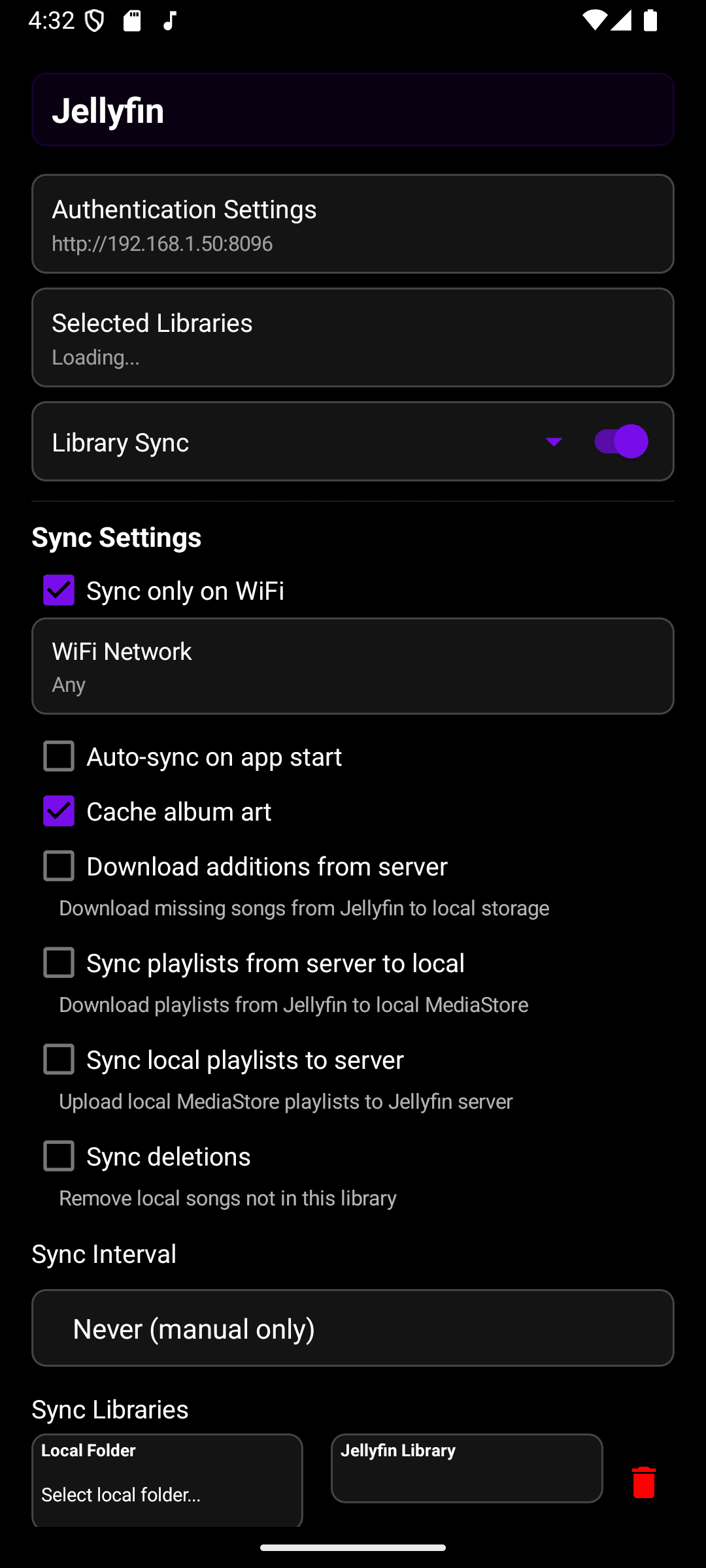 A Jellyfin source's settings dialog with Library Sync turned on, expanded to show the Sync Settings checkboxes