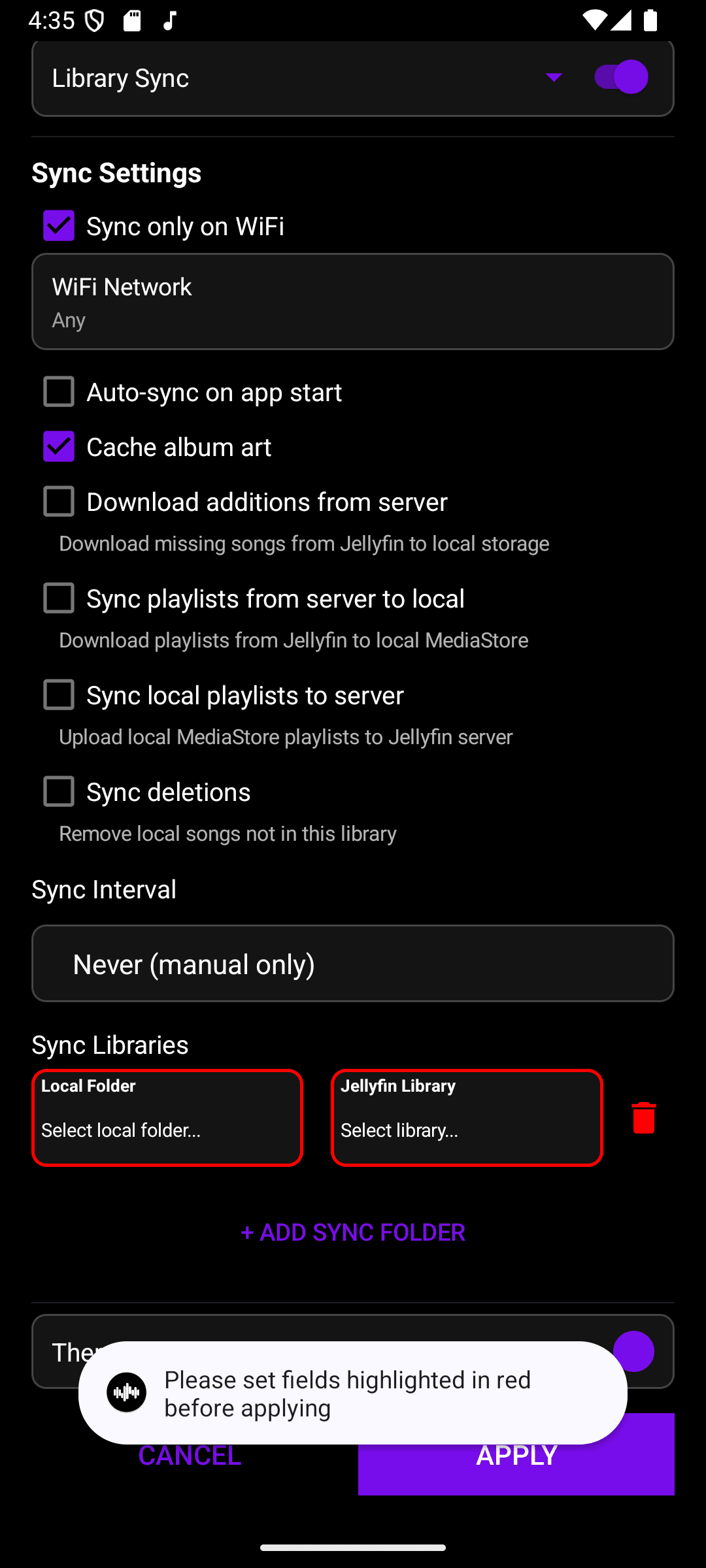 The Sync Libraries mapping fields highlighted in red, with a toast reading Please set fields highlighted in red before applying