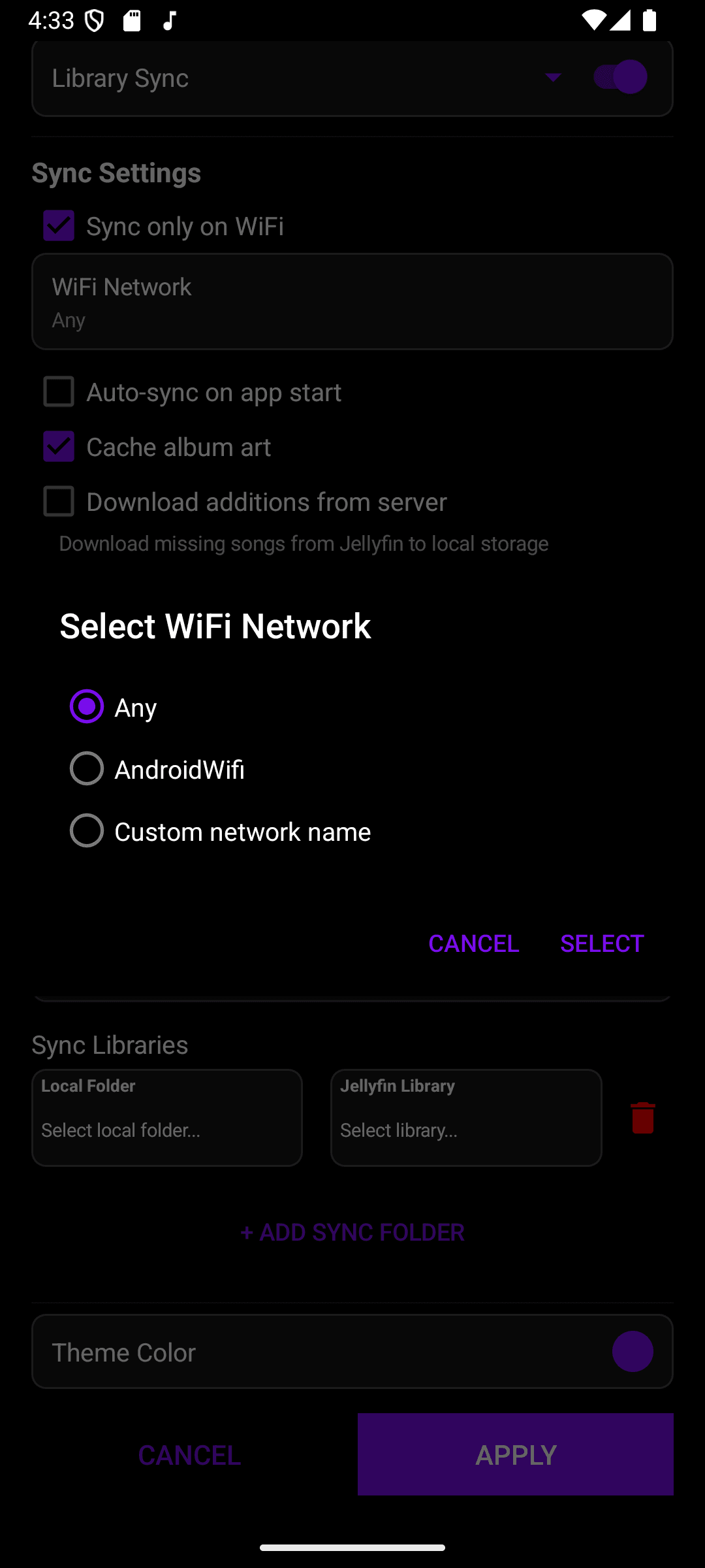 The Select WiFi Network dialog with Any, a nearby network, and Custom network name options