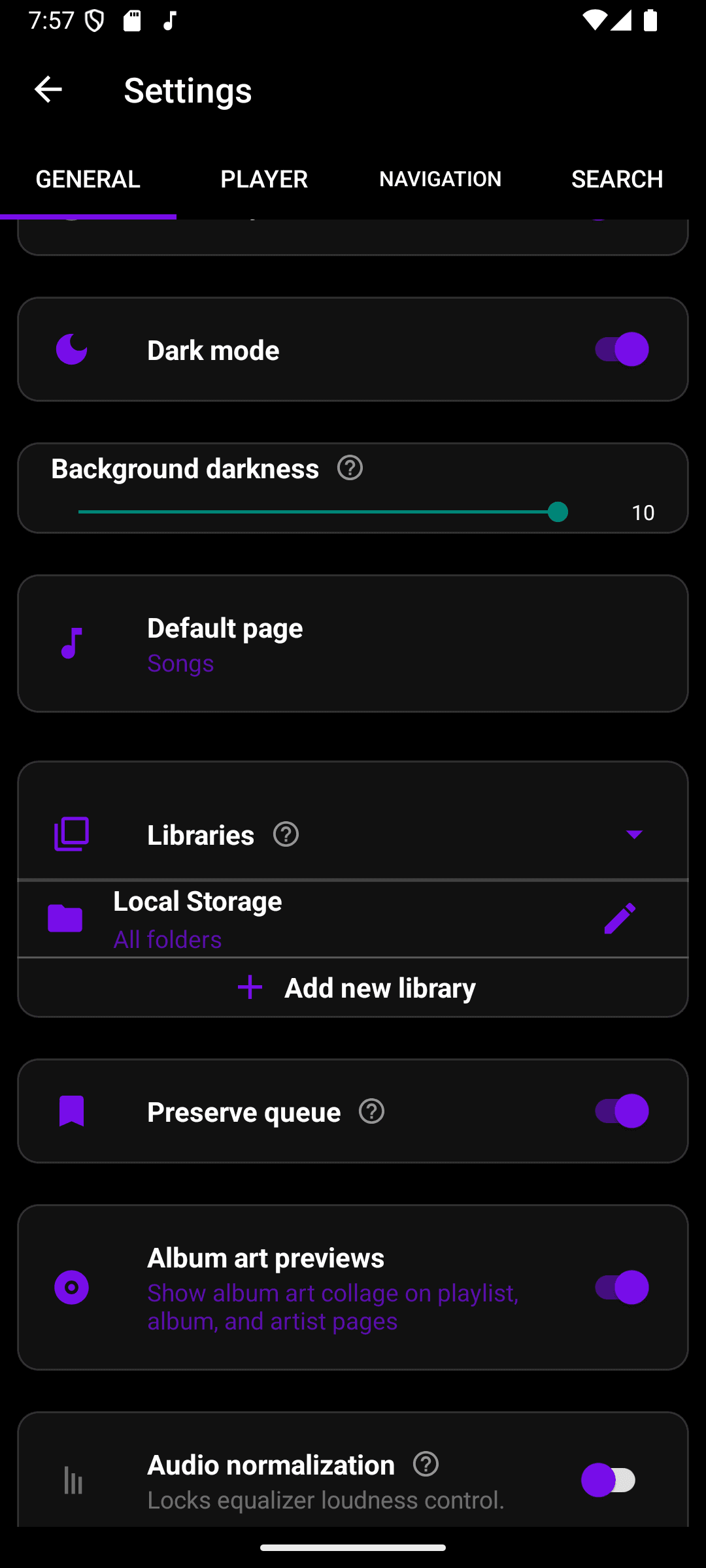 Settings → Libraries showing Local Storage with an edit option, and Add new library below it