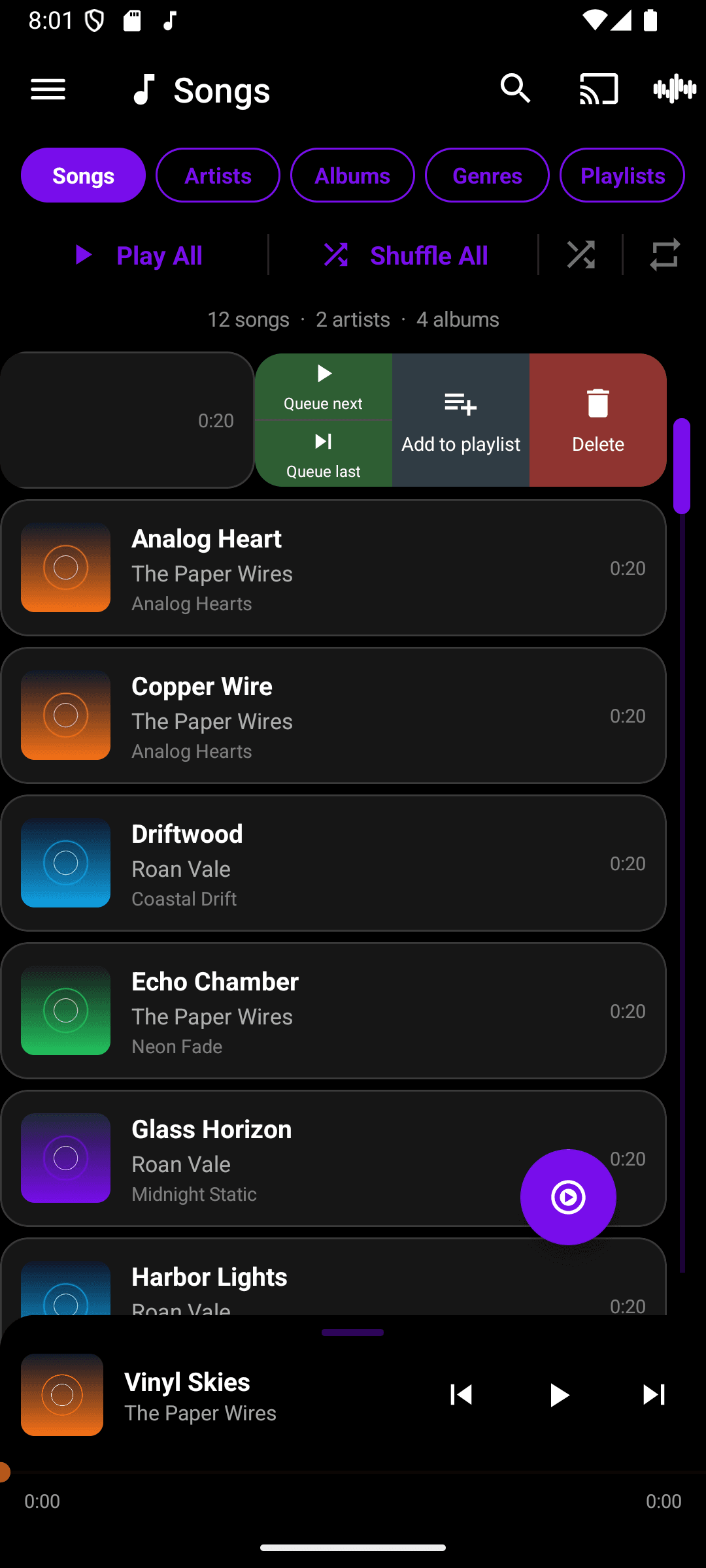 A song row swiped open to reveal Queue next, Queue last, Add to playlist, and Delete