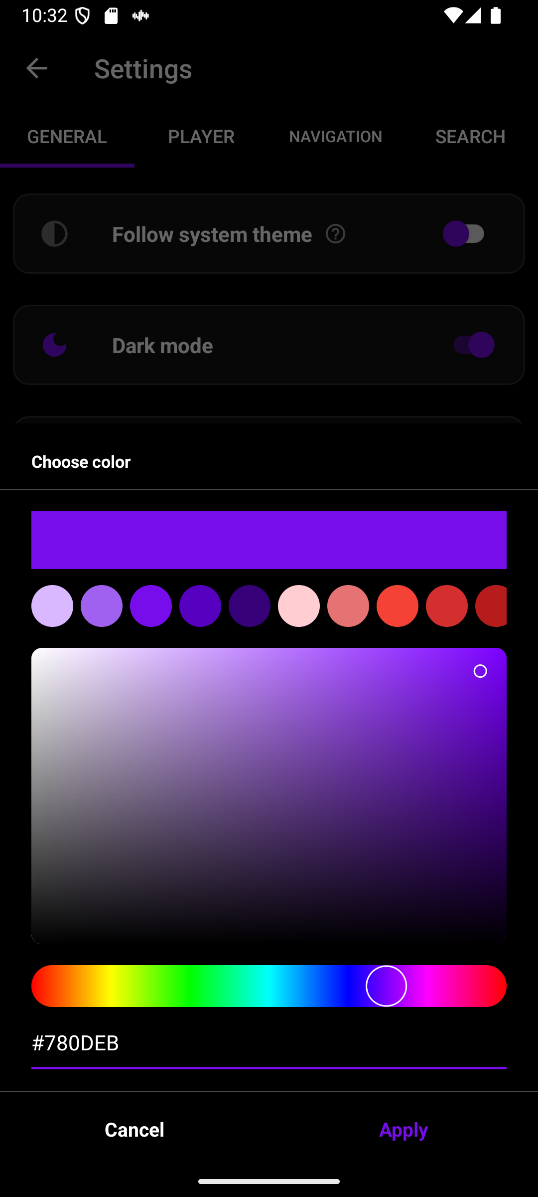 Queue's accent color picker set to #780DEB
