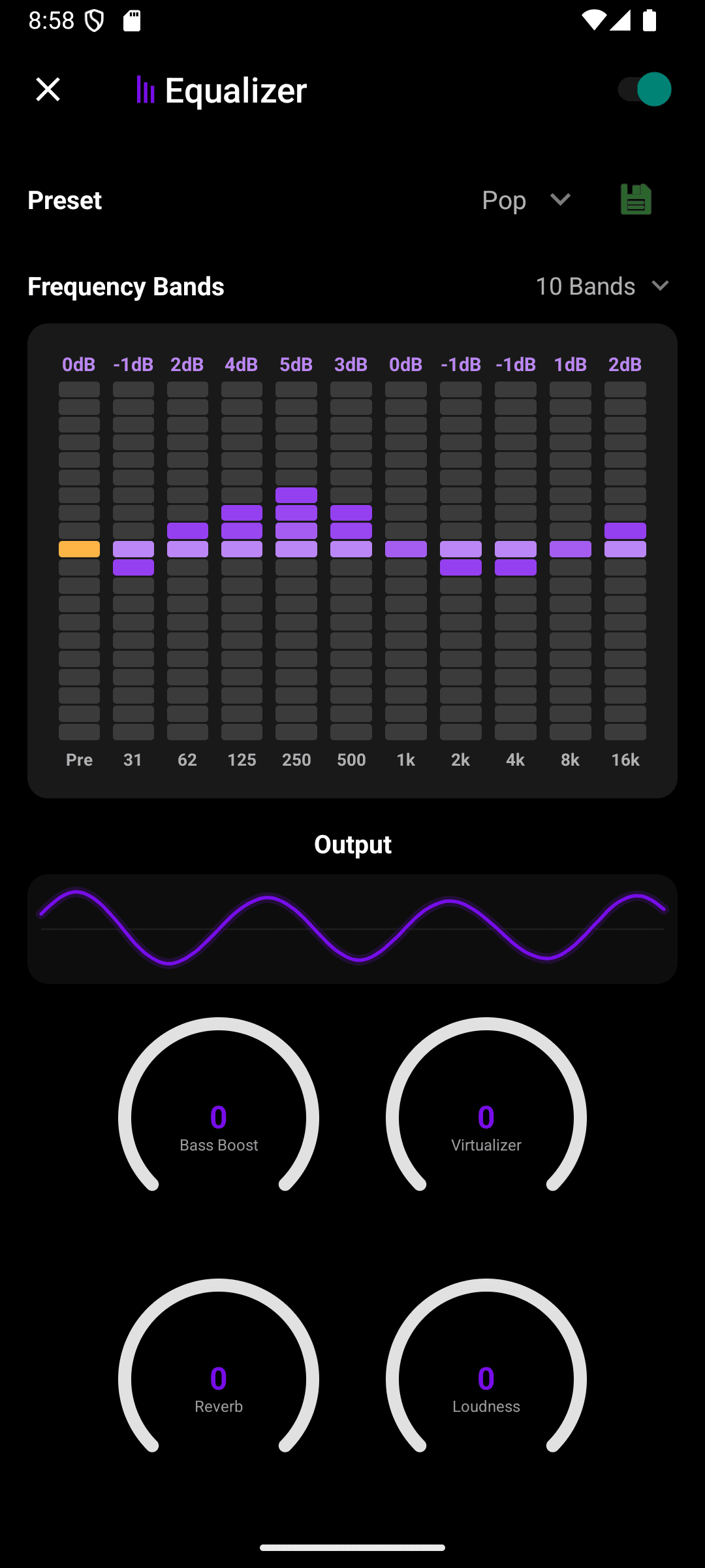 Queue's 10-band equalizer with Pop preset selected and a live output waveform while a song plays