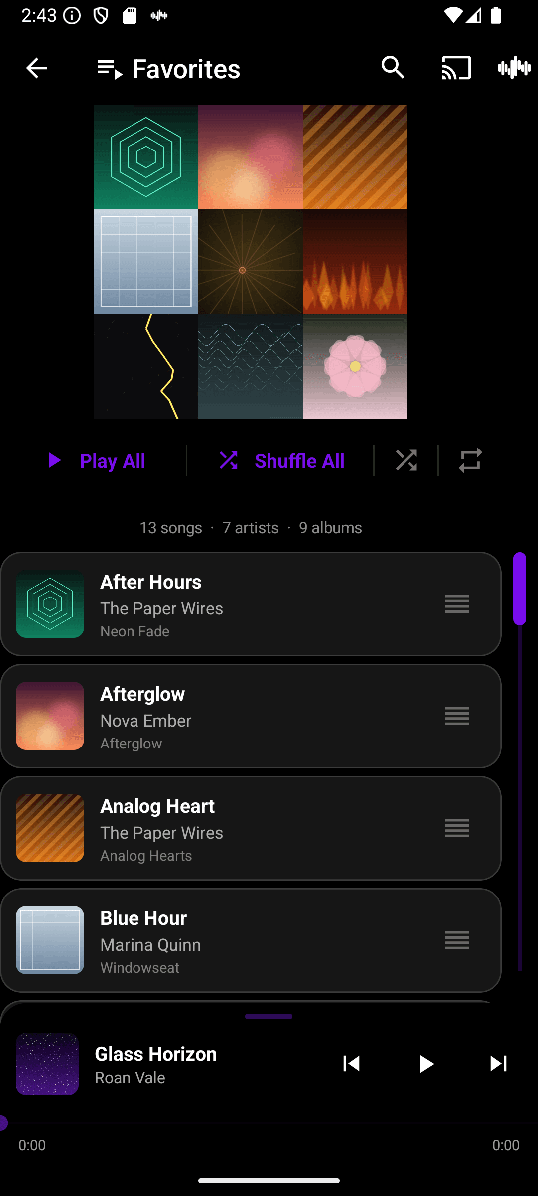Queue's Favorites playlist with an album-art collage header