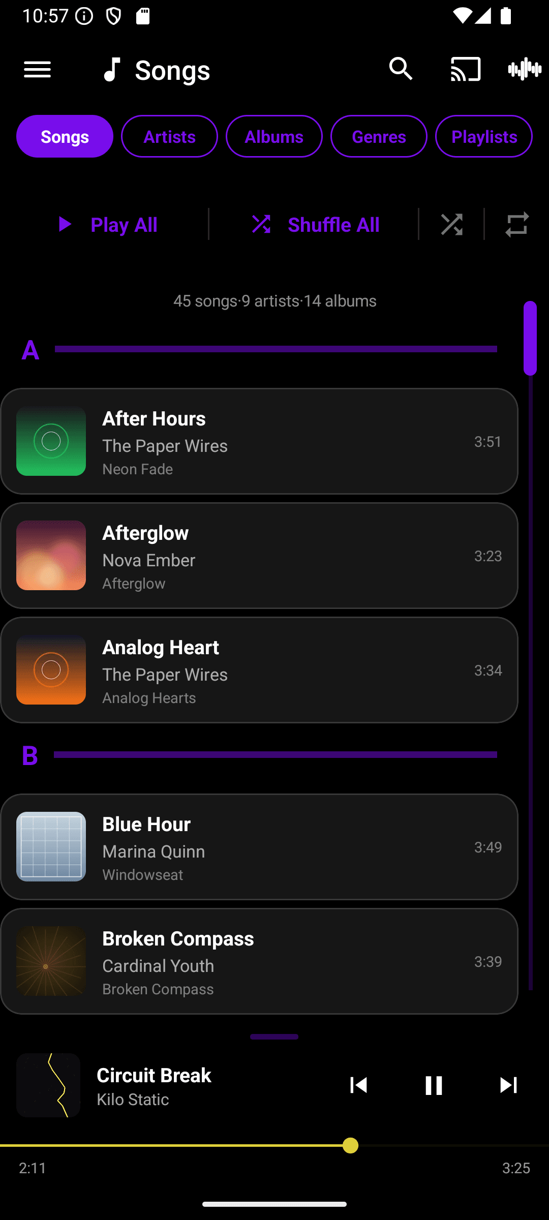 Queue's song library in dark mode