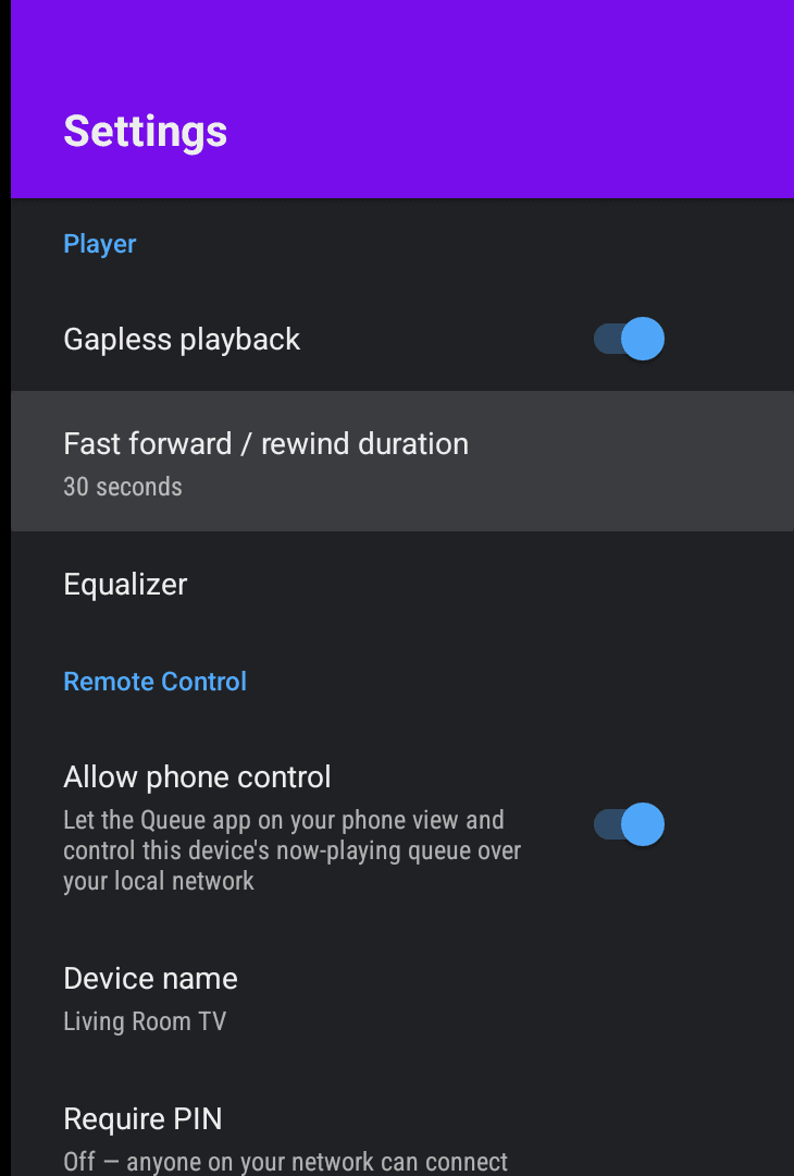 Queue's Android TV Remote Control settings, with Allow phone control enabled and a device name and PIN option