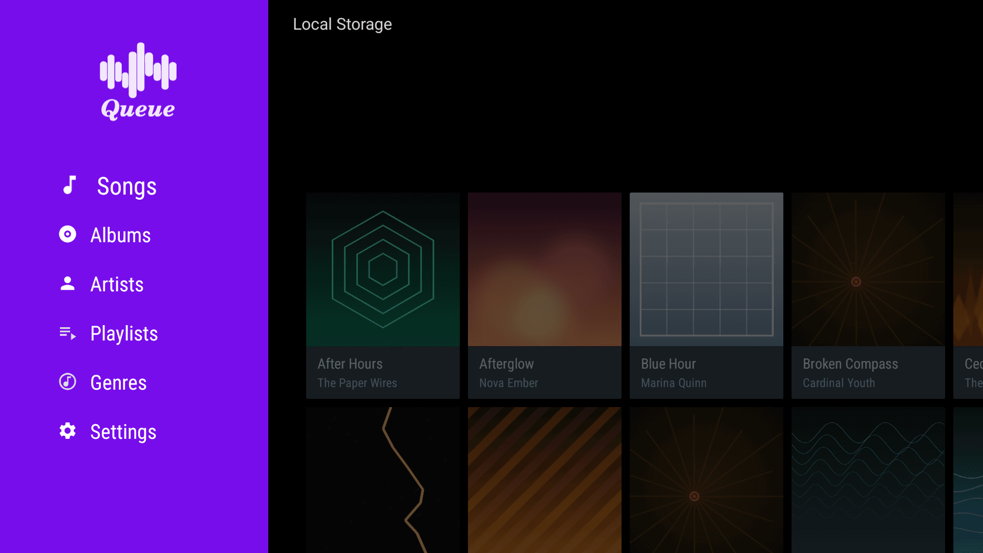 Queue's Android TV interface with a sidebar for Songs, Albums, Artists, Playlists, and Genres
