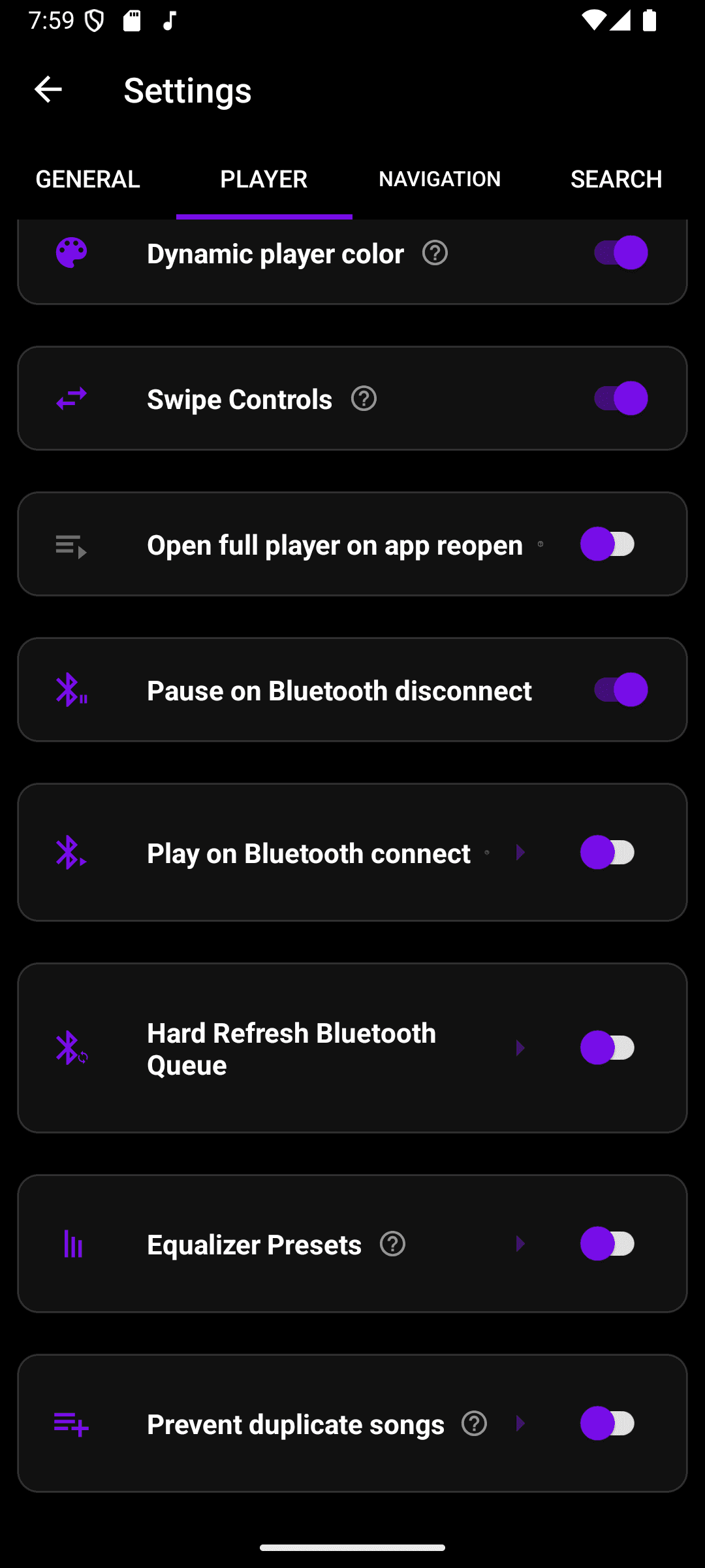 Settings → Player, showing the Bluetooth toggles: Pause on Bluetooth disconnect, Play on Bluetooth connect, Hard Refresh Bluetooth Queue, and Equalizer Presets