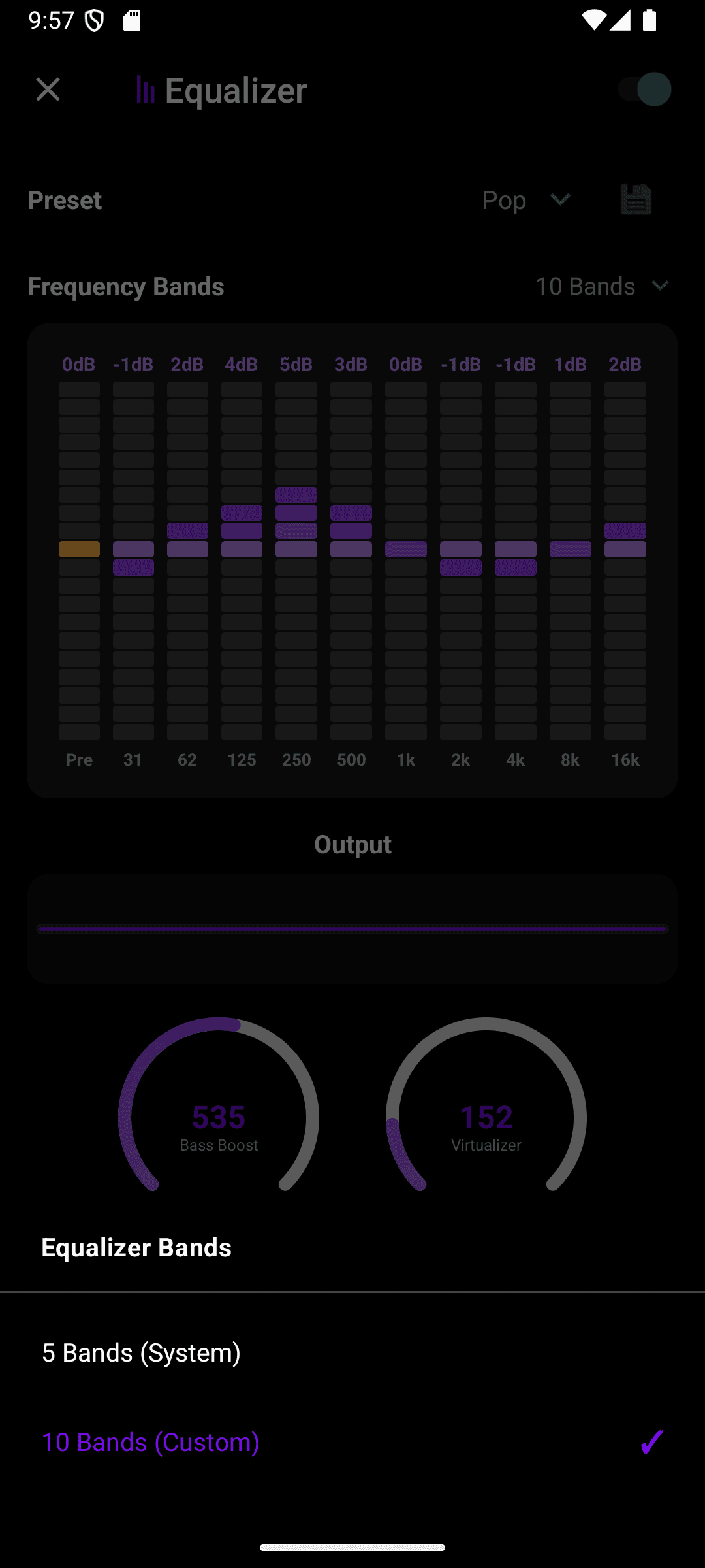 The Equalizer Bands picker with 5 Bands (System) and 10 Bands (Custom) options, 10 Bands checked