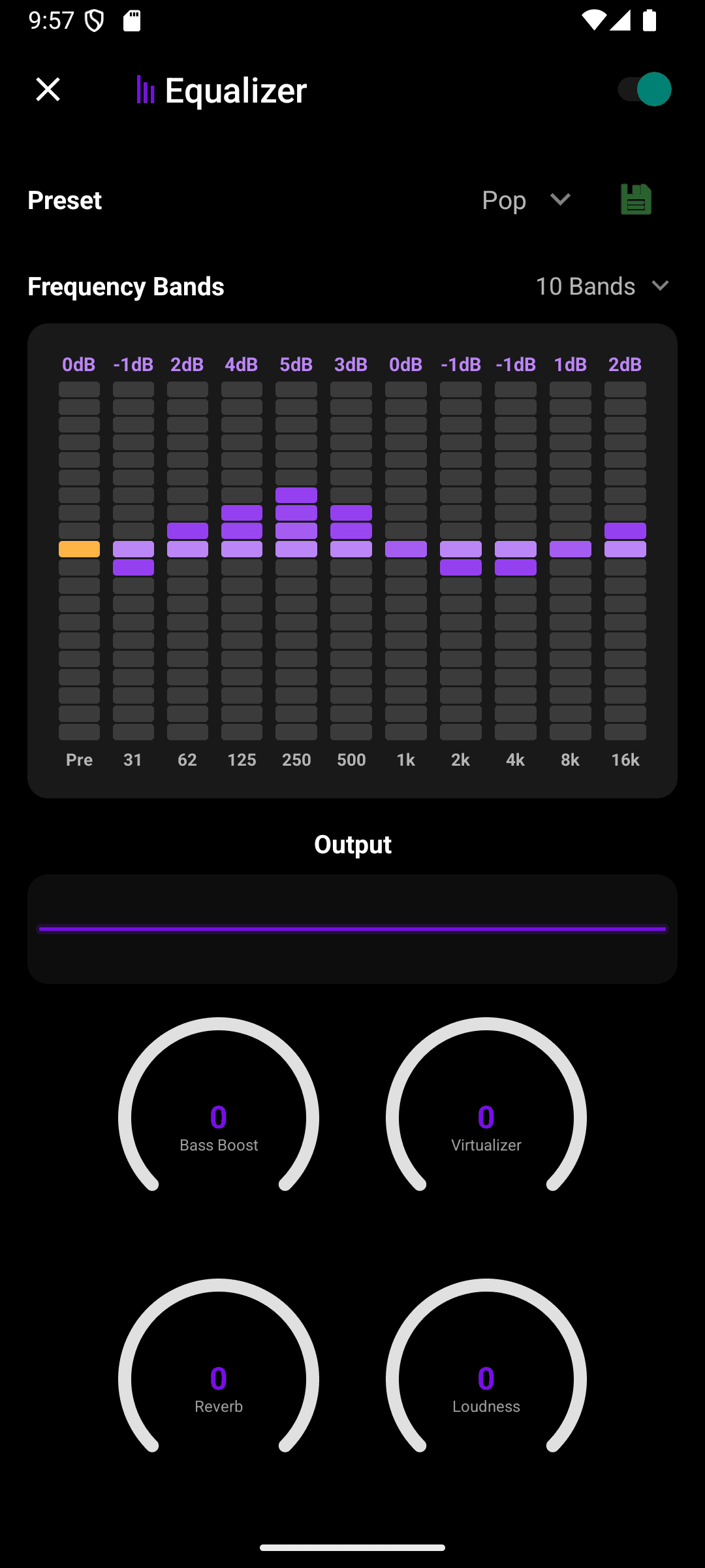 Queue's equalizer in 10-band custom mode, with 10 draggable bands from 31Hz to 16kHz plus a Pre band