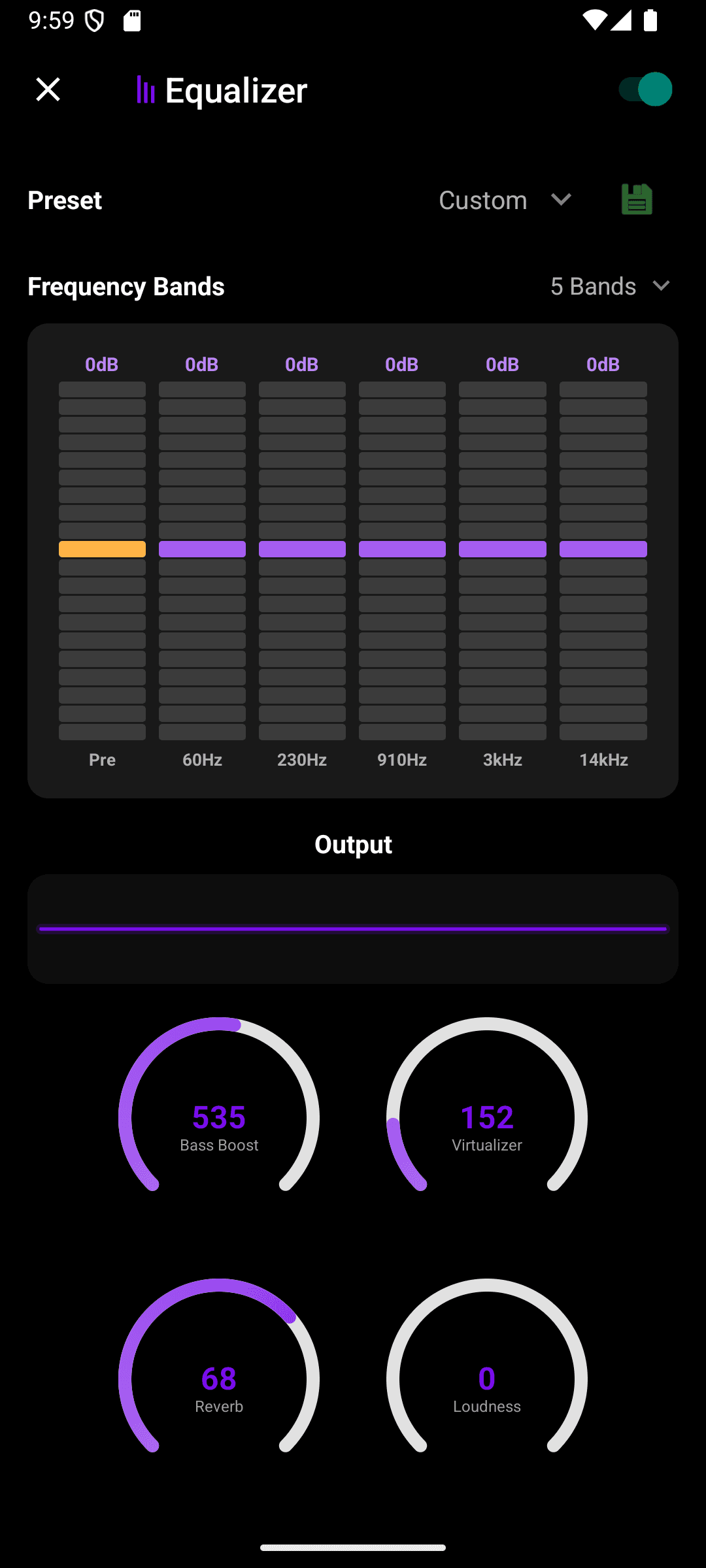 Queue's equalizer in 5-band system mode, showing the Pre band plus 60Hz, 230Hz, 910Hz, 3kHz, and 14kHz bands