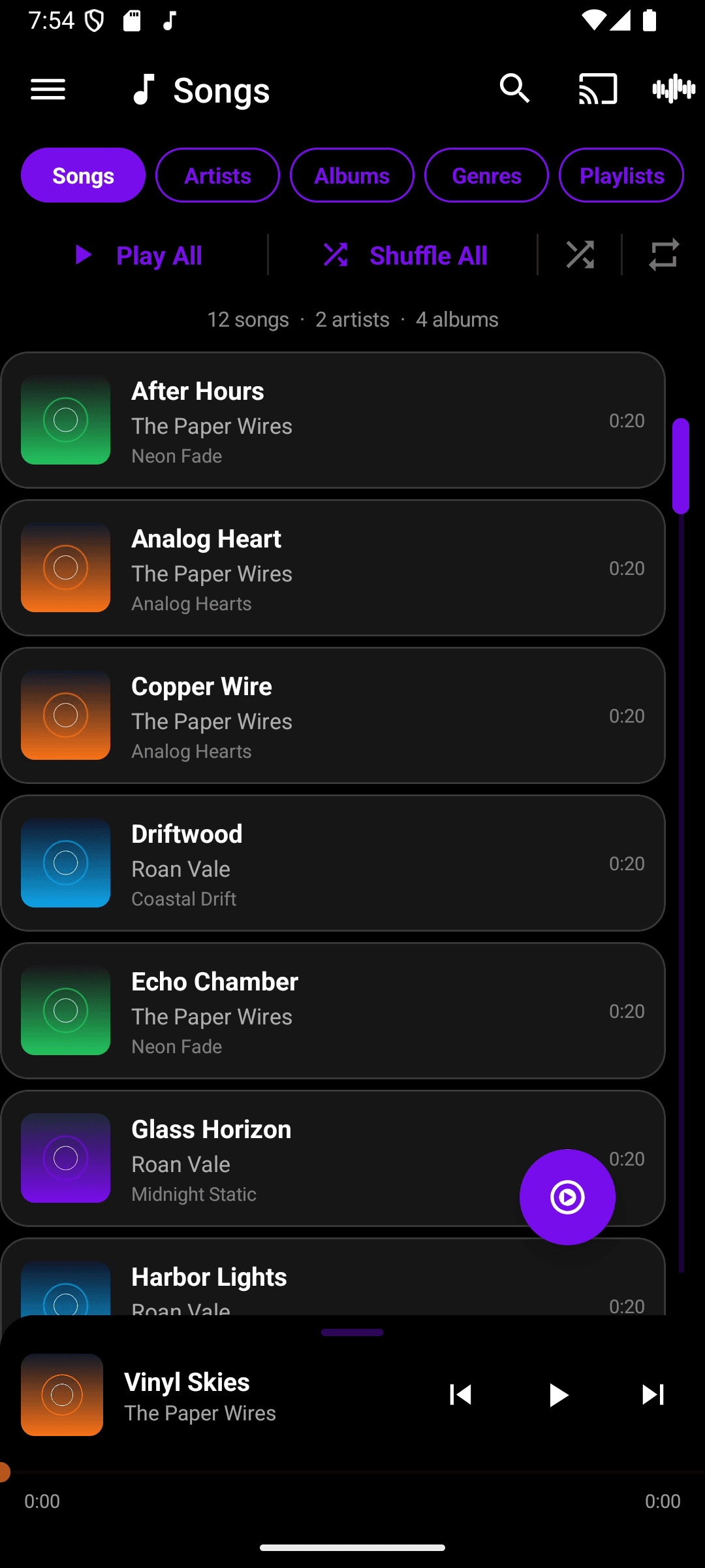 Queue's Songs list, showing tracks merged from a local library