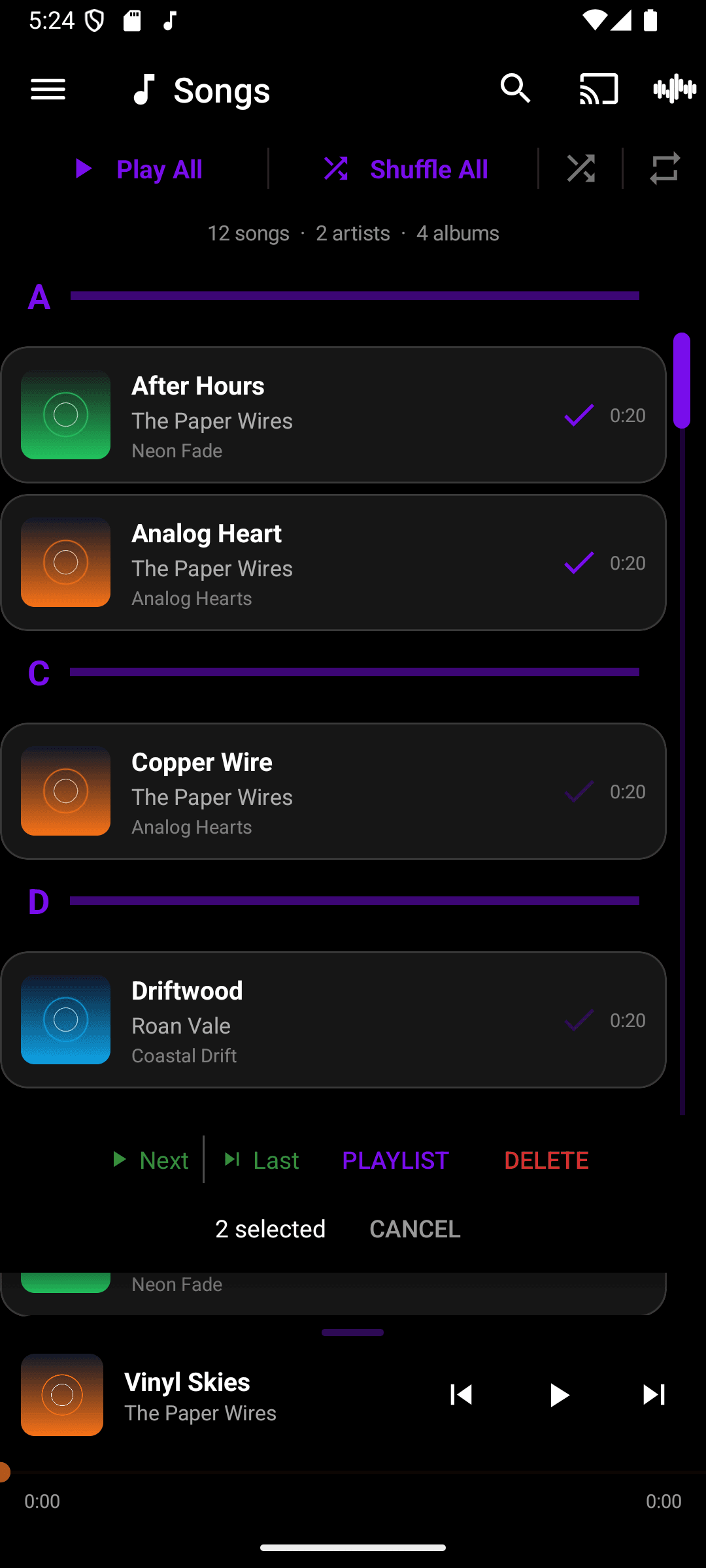 Two songs selected with checkmarks, and the bottom action bar showing Next, Last, Playlist, Delete, and Cancel