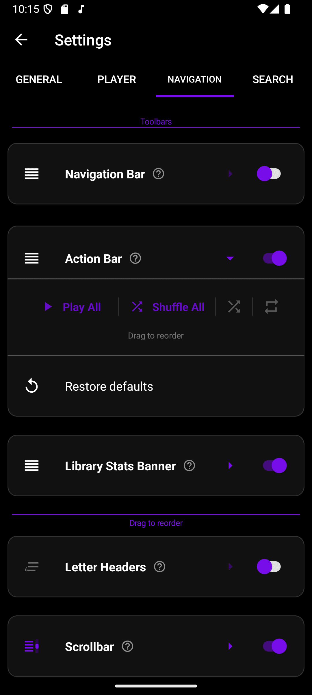 Action Bar expanded, showing Play All, Shuffle All, shuffle, and repeat that can be dragged to reorder