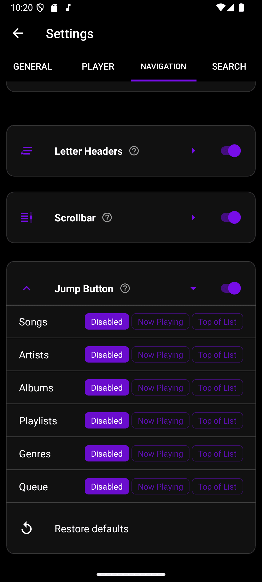 Jump Button expanded, showing Disabled/Now Playing/Top of List options for Songs, Artists, Albums, Playlists, Genres, and Queue