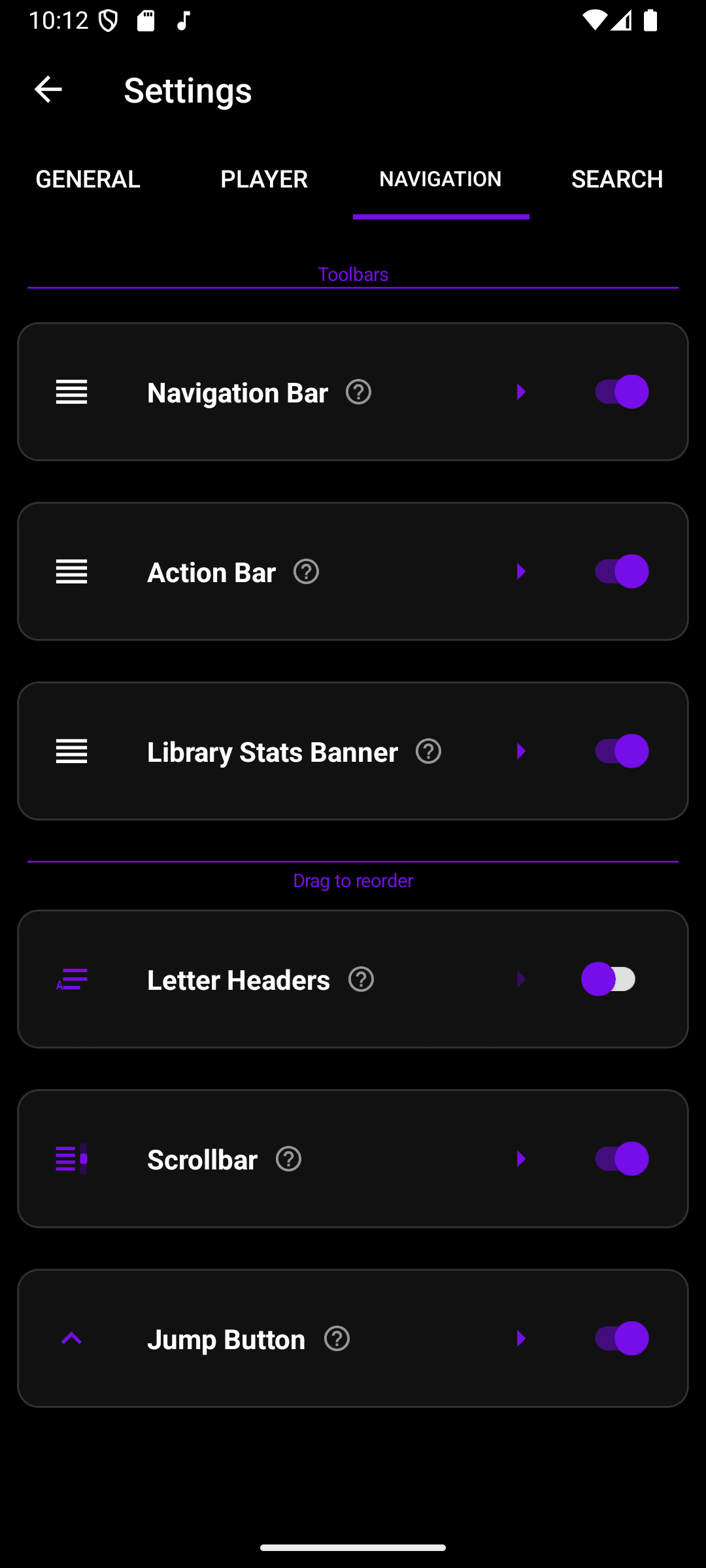 Settings → Navigation, showing the Toolbars group (Navigation Bar, Action Bar, Library Stats Banner) with drag handles, followed by Letter Headers, Scrollbar, and Jump Button