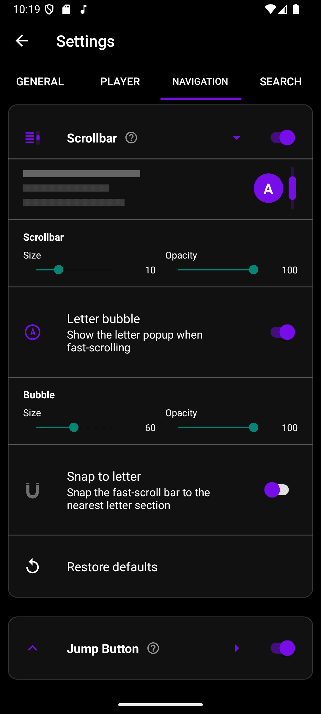 Scrollbar expanded, showing a live preview plus Scrollbar size/opacity, a Letter bubble toggle, Bubble size/opacity, and Snap to letter