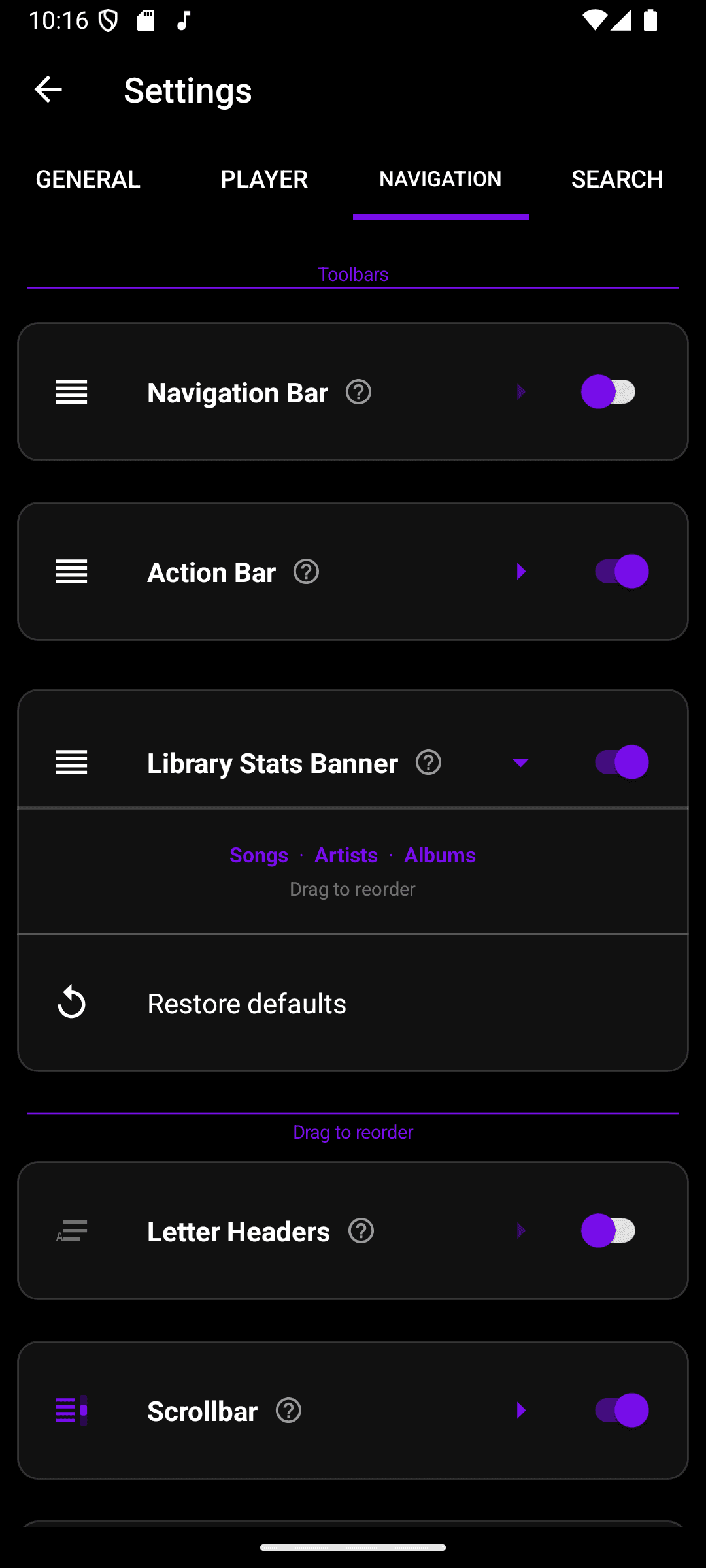 Library Stats Banner expanded, showing Songs, Artists, and Albums stat chips that can be dragged to reorder