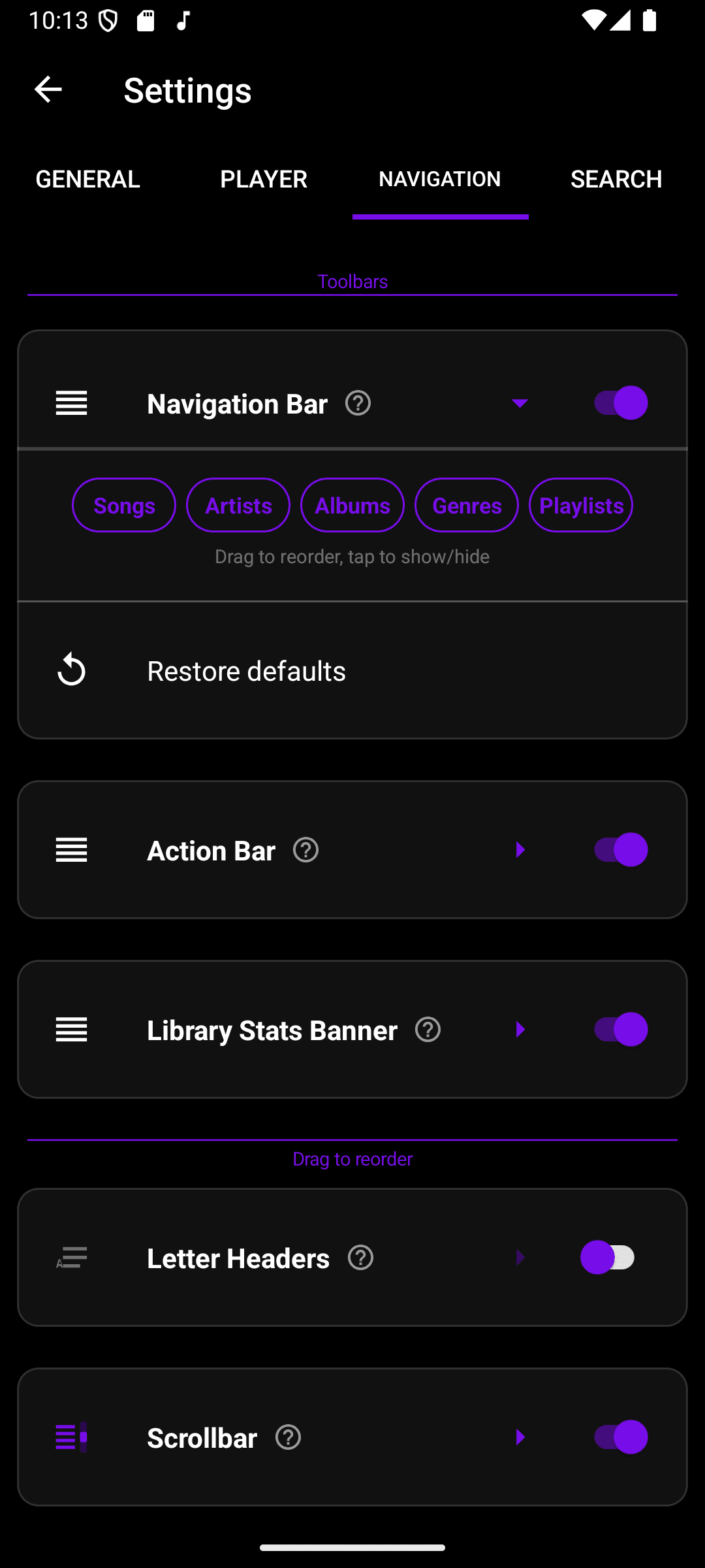Navigation Bar expanded, showing Songs, Artists, Albums, Genres, and Playlists chips that can be dragged to reorder or tapped to show/hide