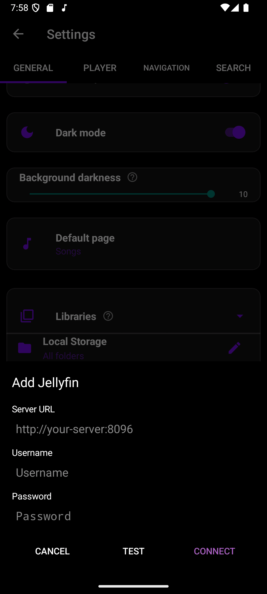 The Add Jellyfin dialog, with fields for Server URL, Username, and Password