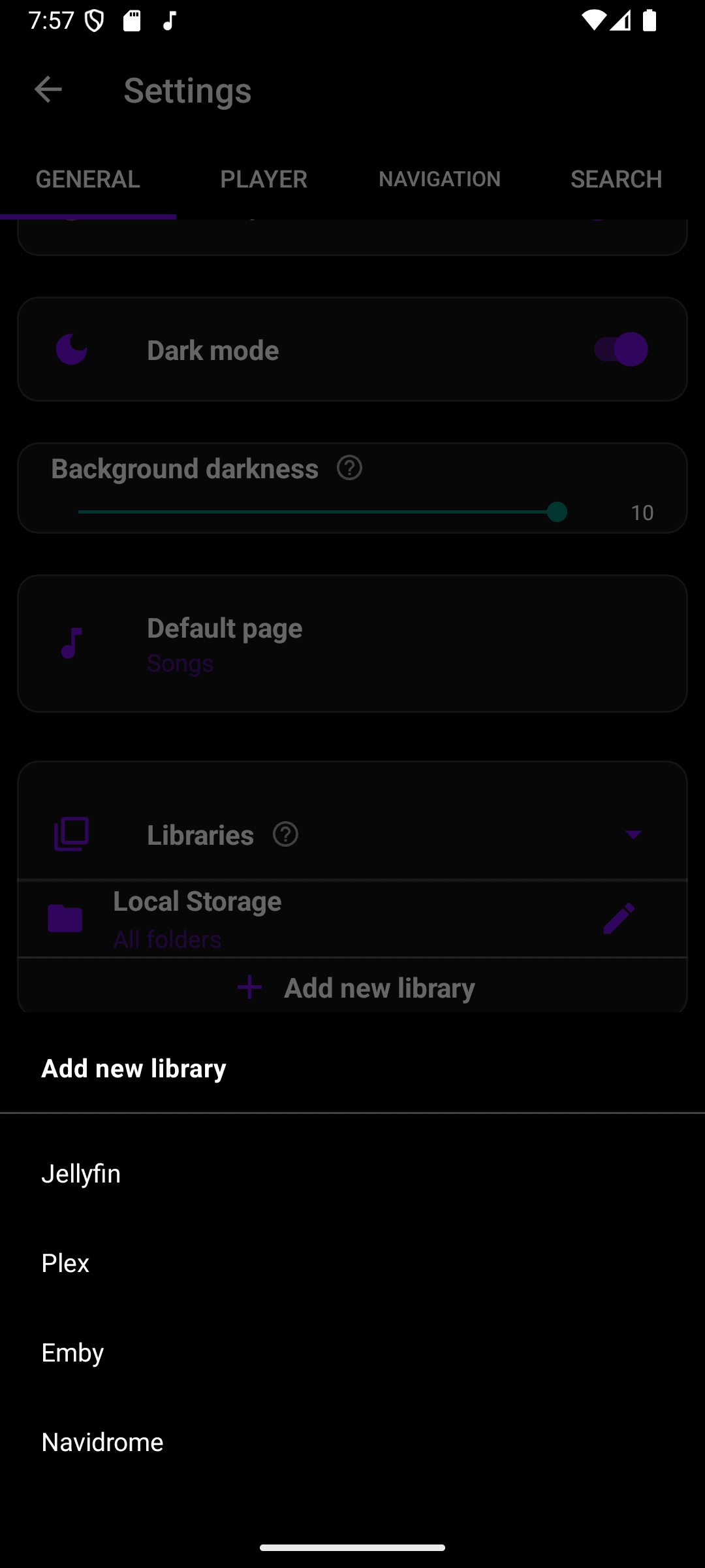 The Add new library menu, listing Jellyfin, Plex, Emby, and Navidrome