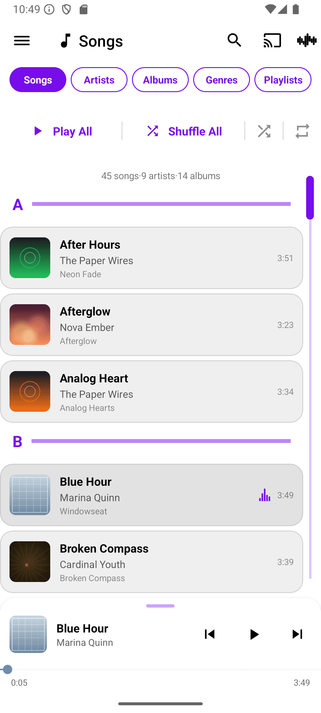 Queue's song library in light mode